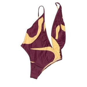 Elegant Burgundy and Yellow Women's One-Piece Swimsuit